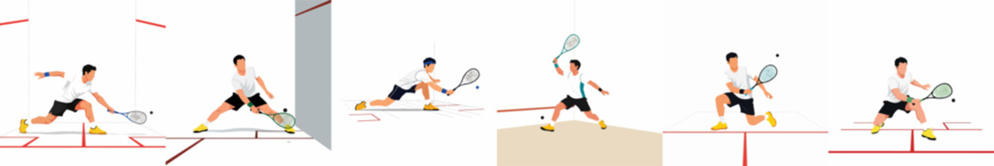 Fototapeta premium Set of minimalist flat vector illustrations of a male squash player performing various shots and movements on a court.