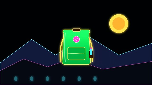 Animated neon backpack floating above jagged mountain peaks during summer travel as the sun glows brightly in a vibrant shoulder season digital landscape motion graphic