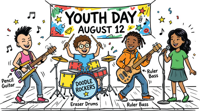 Youth Day August 12 Diverse Kids Band Performing on Stage with Pencil Guitar Eraser Drums Ruler Bass Doodle Rocker Illustration