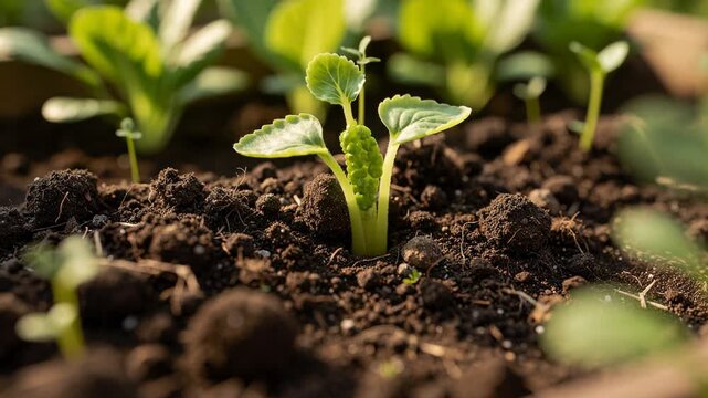 Time lapse video of rich soil nurturing tiny seedlings as they gradually sprout and grow in natural environment