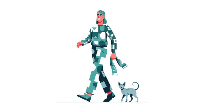 Pixelated robot walking a small cat on a leash.