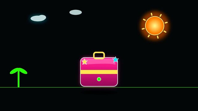 vibrant pink luggage pieces move across a dark void representing summer travel during the shoulder season as glowing suns drift above simple neon light motifs