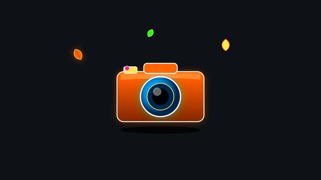 Animated orange camera icons floating with seasonal summer travel elements during the shoulder season to signify leisure vacation photography adventures in a simple digital motion graphic