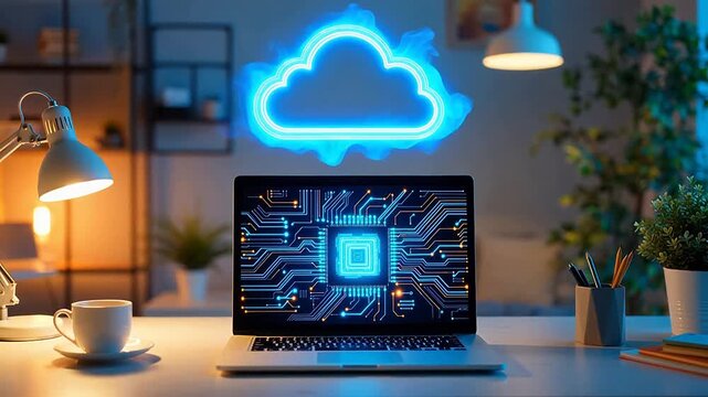 Laptop with cloud tech on desk
