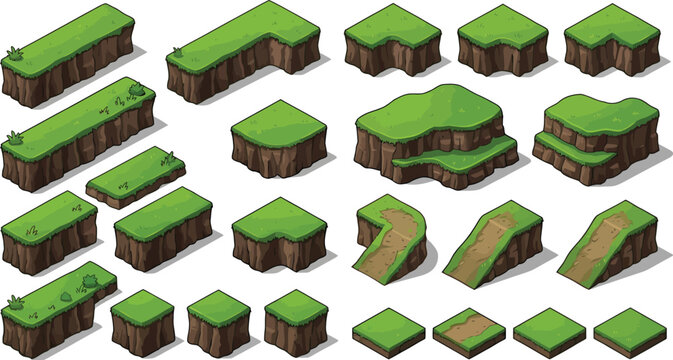 Isometric grass land tiles set for game development featuring various terrain shapes and dirt paths for level design construction