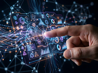 Fototapeta premium Close up of human finger interacting with futuristic holographic interface dashboard, digital data visualization network chart, business analytics and futuristic touchscreen technology concept