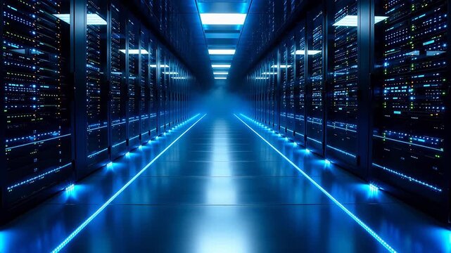 Server room with blue lighting
