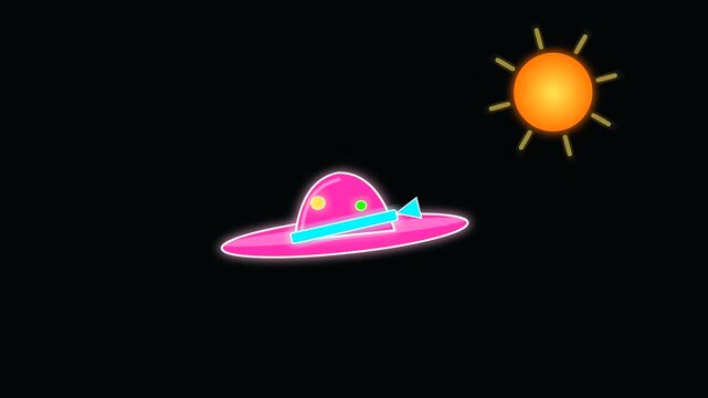 Neon saucer vessel navigates across dark celestial expanse during summer travel patterns while bright yellow sun spheres highlight the transitions of this quiet shoulder season