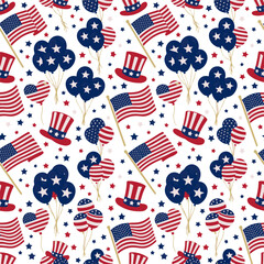 Obraz premium Patriotic American Seamless Pattern with Flags Hats and Balloons for National Celebrations
