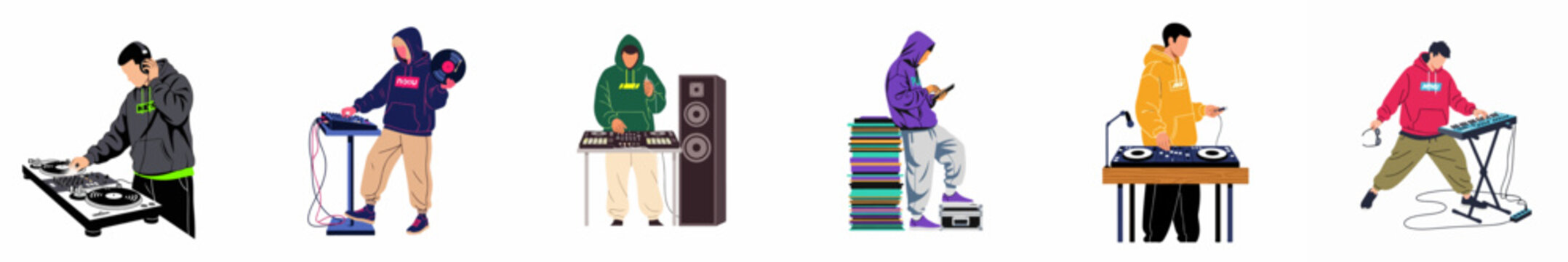 Collection of Flat Vector Illustrations of Male DJs and Music Producers Using Turntables, Mixers, Synthesizers, and Vinyl Records on a White Background.
