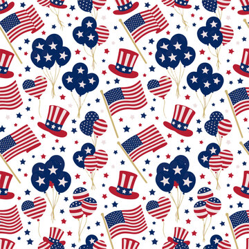 Patriotic American Seamless Pattern with Flags Hats and Balloons for National Celebrations