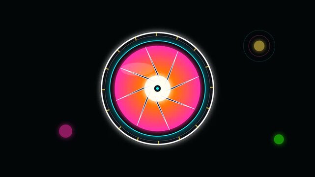 Abstract circular apertures showing summer travel movement during shoulder season transitions with vibrant blue and gradient magenta geometric iris lens shutters rotating against deep black voids
