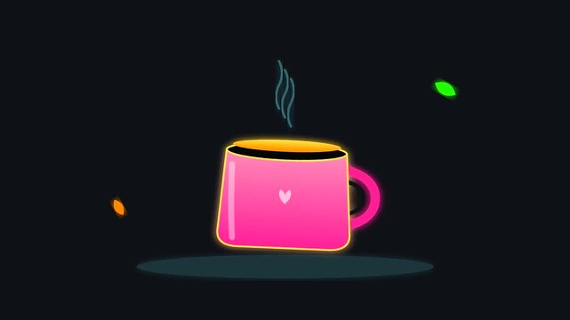 Animated neon pink ceramic mugs featuring floating hearts and rising steam evoke summer travel vibes while perfectly capturing the cozy essence of a quiet shoulder season