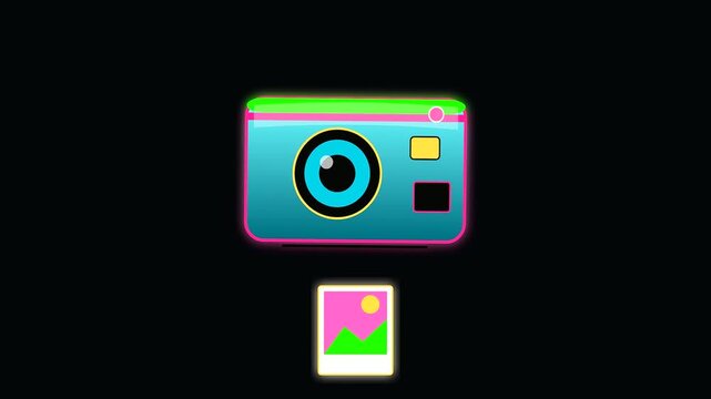 a cartoon camera captures memories during summer travel as the shutter releases small photographs throughout the shoulder season with bright neon cyan and magenta tones