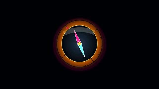 a glowing digital compass rotates showing shifting orientation during summer travel and shoulder season navigation journeys across dark virtual interfaces with vibrant neon pink blue lighting