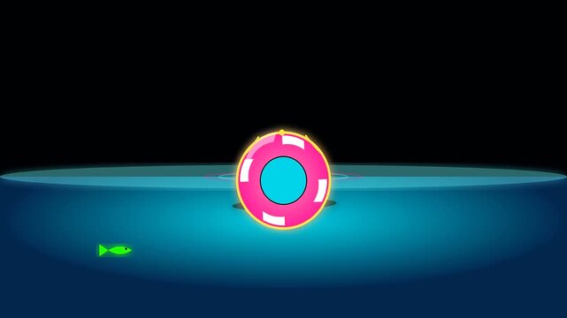A small fish swims near a vibrant pink inflatable pool ring during summer travel as this shoulder season scene shifts across the calm blue water