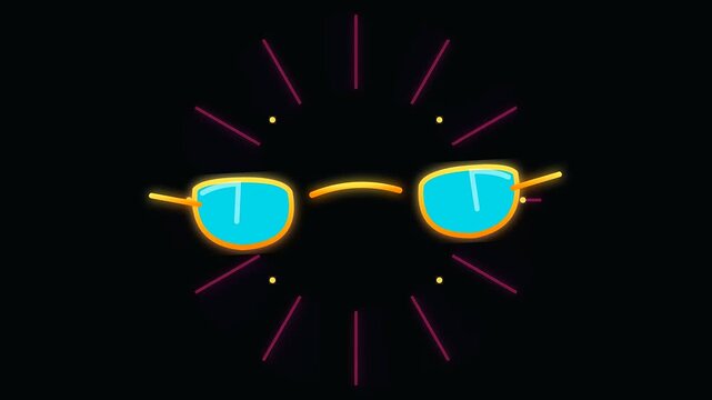 Neon blue glasses icons rotate against a dark radial grid pattern during summer travel and shoulder season adventures capturing vibrant summer vacation energy and stylish accessories