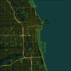 Chicago City Map Poster Street Map JPG Luxury Green Gold Elegant Dark Blue Water Wall Art © AlphaDesign