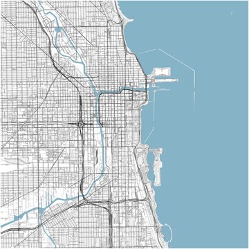 Chicago City Map Poster Street Map JPG Contrast Dark Grey Gradient Road Blue Water Wall Art