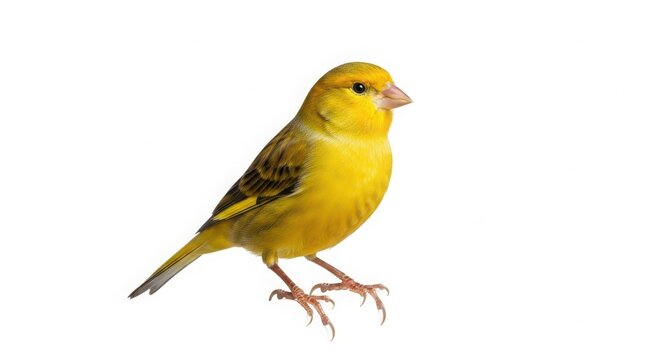 Bright yellow canary songbird standing isolated on white background with songbird wildlife isolated feathers yellowish ornithology domestic birdwatcher vertebrate portrait standing