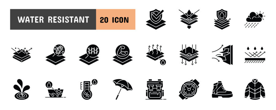 20 Water Resistant Glyph Icon Illustration Set