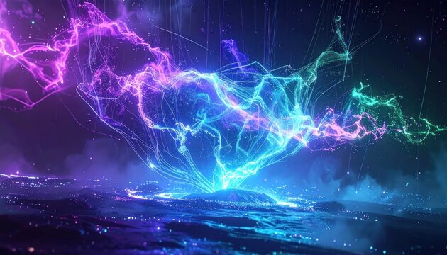 Vibrant energy emanates from an island, illuminating the night. Abstract swirling effects dominate
