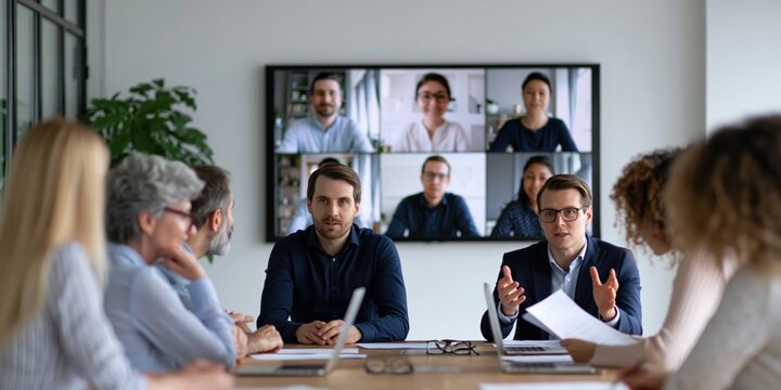 Meeting of professional business team in a hybrid office video conference strategy