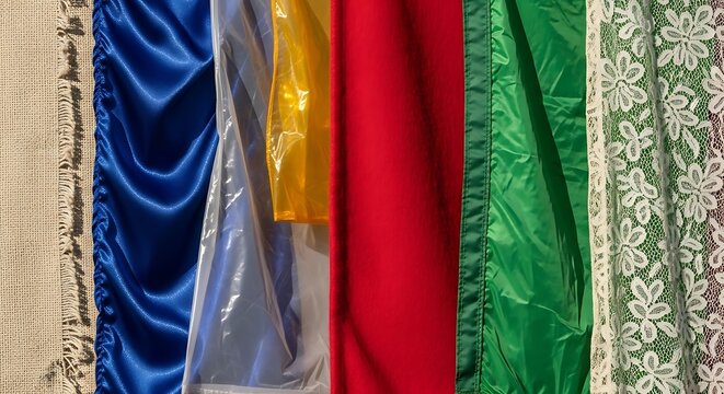 Vertical strips of various colorful fabrics and textures