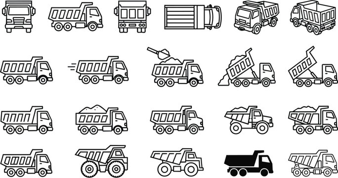 Dump truck line icon set for construction and mining projects