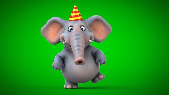 Cute cartoon elephant wearing a party hat dancing happily.