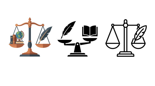 Law scale icons with book feather and globe on white background