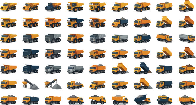 Industrial dump truck icons for construction and mining projects