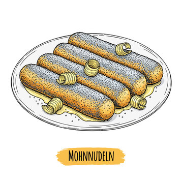 Mohnnudeln, illustration of sweet poppy seed pastry rolls, elegantly served on a plate with butter curls and powdered sugar. A traditional European dessert