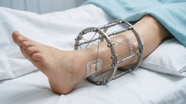 Ilizarov external fixator on a patient's lower leg after orthopedic surgery, close-up fracture treatment and limb reconstruction concept in a hospital bed.