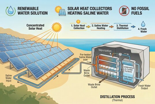 Educational infographic showing a renewable solar thermal desalination process