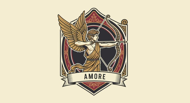 Golden winged cherub with bow and arrow.