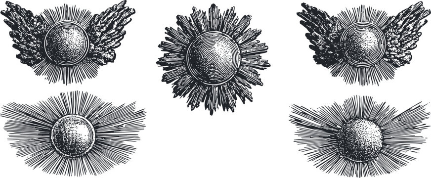 Vintage sunburst emblem set ornate celestial decorative rays design elements collection
