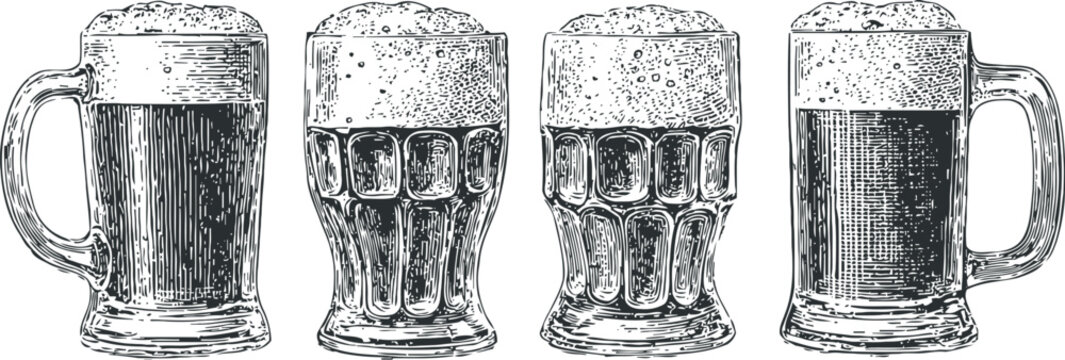 Vintage beer mug set hand drawn illustration of foamy pint glasses in different shapes and sizes