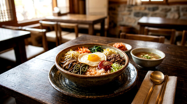 Authentic Korean Bibimbap Served in Traditional Stoneware Bowl on Rustic Wooden Table Top View Professional Food Photography for Culinary Magazines