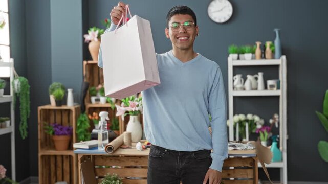 Man points finger to bag in studio florist workspace surrounded by flowers and pots; gift joy cheerful.