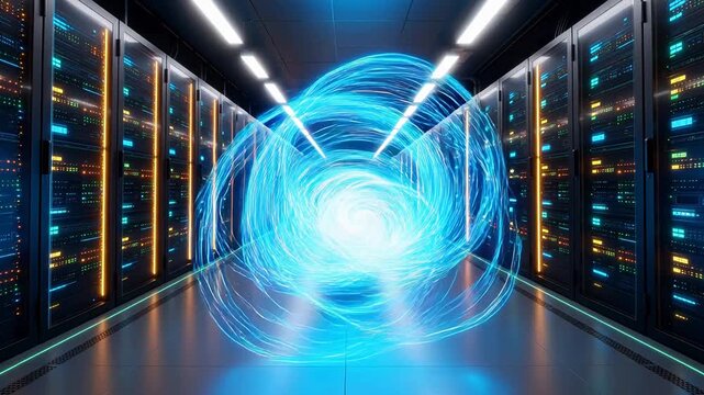 server room with glowing data stream