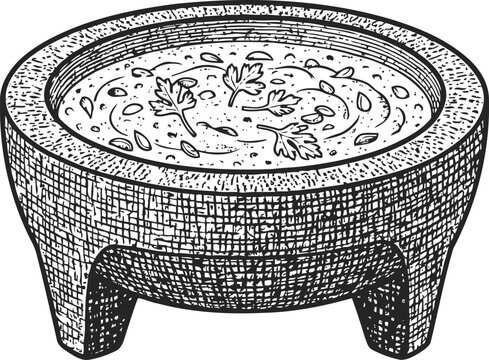 Traditional mexican molcajete bowl with salsa and herbs detailed vintage engraving