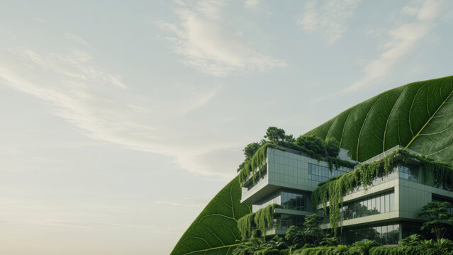 Modern green architecture eco building sustainable design vertical garden glass facade green leaf nature city urban jungle environmental concept futuristic house Lush modern green architecture eco