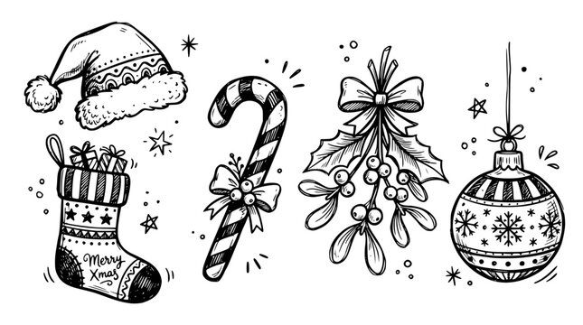 Hand drawn christmas festive elements santa hat stocking candy cane mistletoe ornament, black ink sketch vector illustration