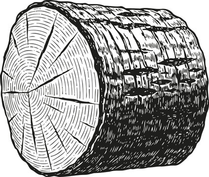 Wood log engraving detailed tree trunk section with bark and annual rings illustration