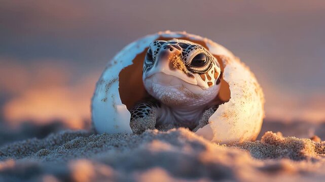 Seamless Loop of a Newborn Baby Sea Turtle Hatching and Breathing inside its Egg on a Beach at Sunrise, Macro View of Wet Scales and Sand, Generative AI
