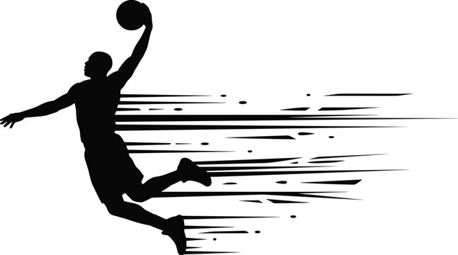 Dynamic Basketball Player Slam Dunk Silhouette with Speed Motion Lines Representing Athletic Power and Competitive Sport