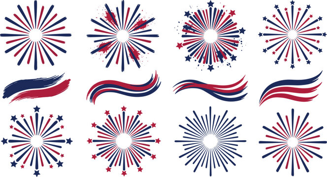 USA patriotic fireworks and decorative starburst ribbon element set featuring American flag colors with blue and red grunge firework bursts for 4th of July celebration
