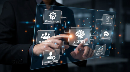 Fototapeta premium AI Agents Innovation Platform with Analytics Communication and Teamwork System