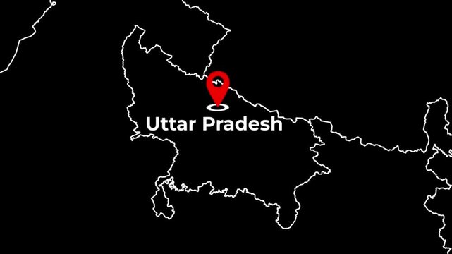 Minimalist white outline India map animation zooming in with a fade effect to highlight Uttar Pradesh featuring a red location pin and blinking target dot on a black background